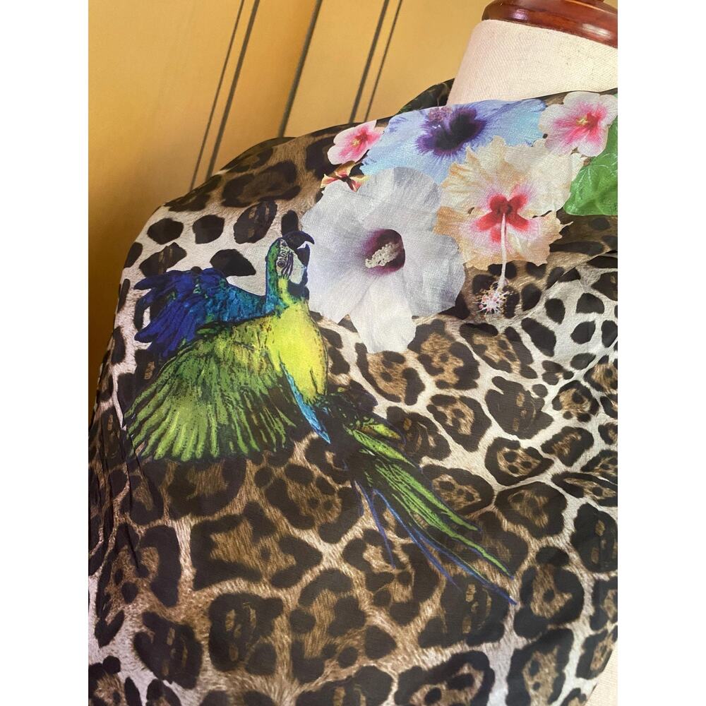 Vintage Silk Scarf With Leopard Print And Parrots… - image 3